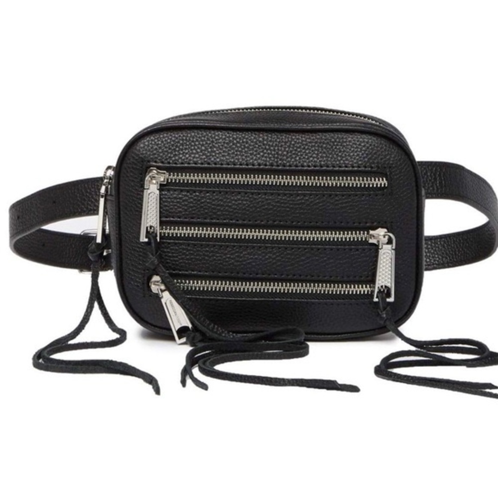 Rebecca Minkoff Chic Black Pebbled Leather 3 Zip Fringe Belt Bag